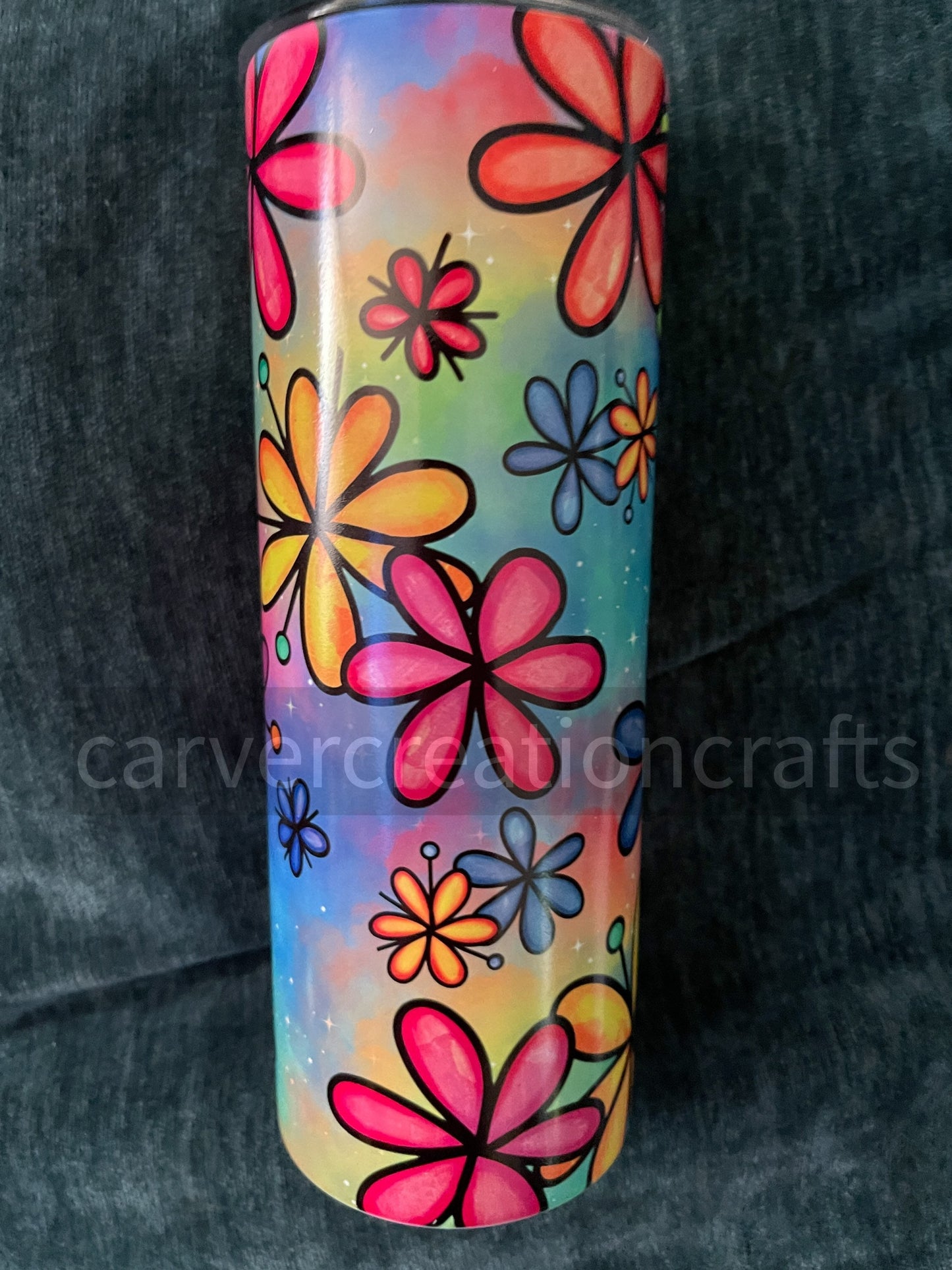 Colorful Summer Flower 3-in-1 uv glow tumbler in purple uv and green glow