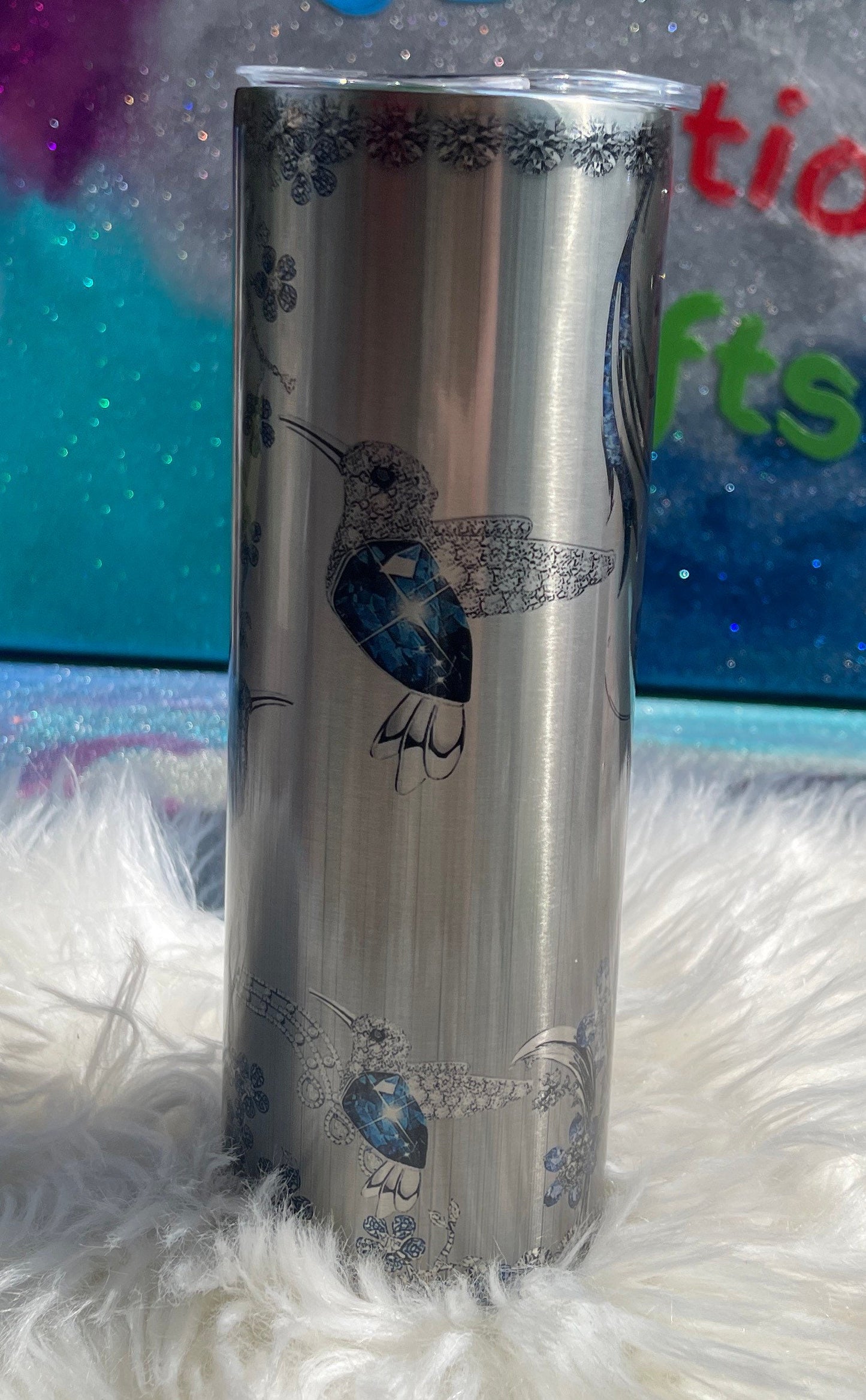 20oz blue jewel hummingbird on your choice of white shimmer smooth glitter tumbler or silver stainless steel sublimation tumbler/nature/bird