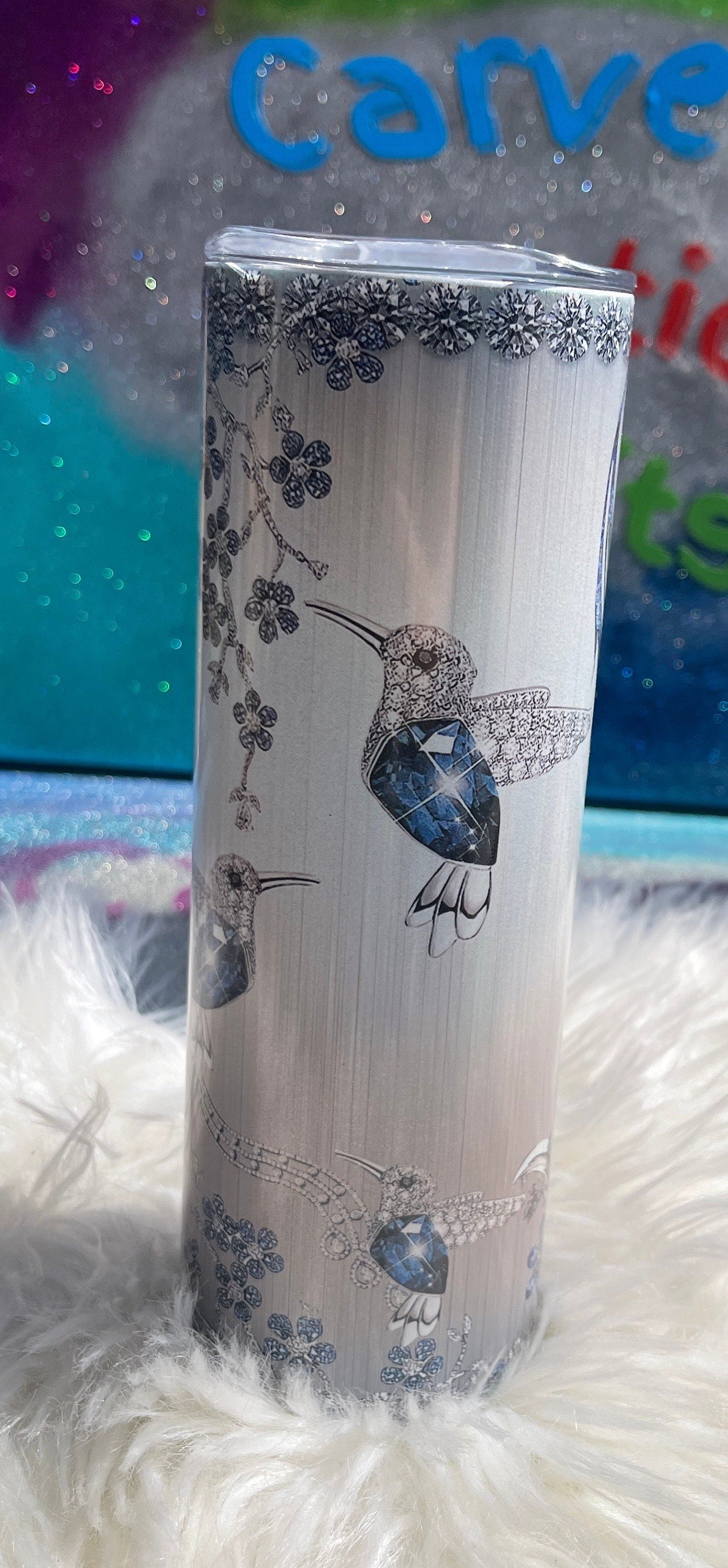 20oz blue jewel hummingbird on your choice of white shimmer smooth glitter tumbler or silver stainless steel sublimation tumbler/nature/bird