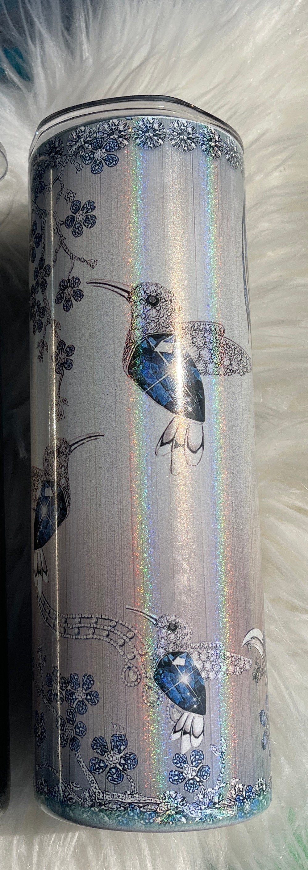 20oz blue jewel hummingbird on your choice of white shimmer smooth glitter tumbler or silver stainless steel sublimation tumbler/nature/bird