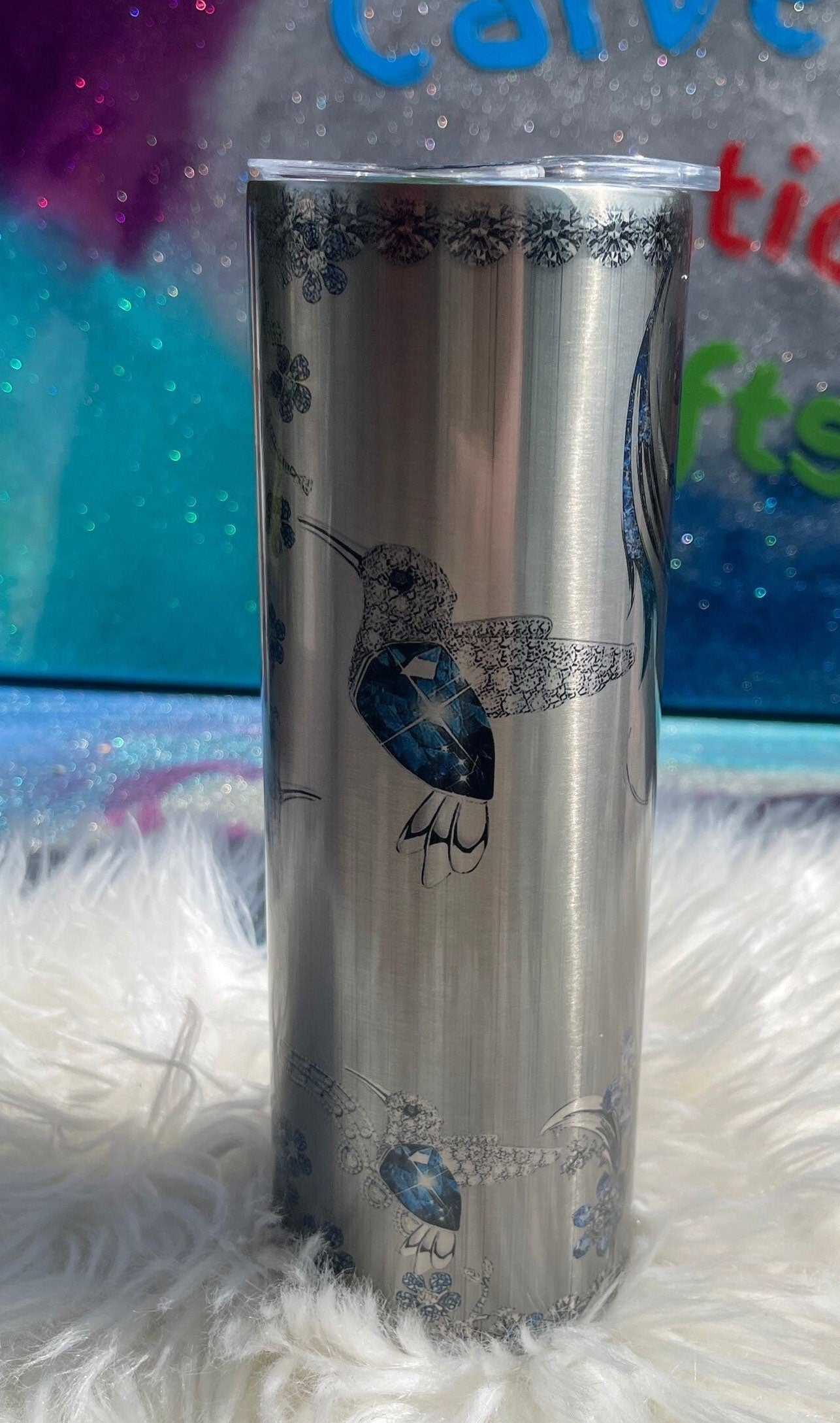 20oz blue jewel hummingbird on your choice of white shimmer smooth glitter tumbler or silver stainless steel sublimation tumbler/nature/bird